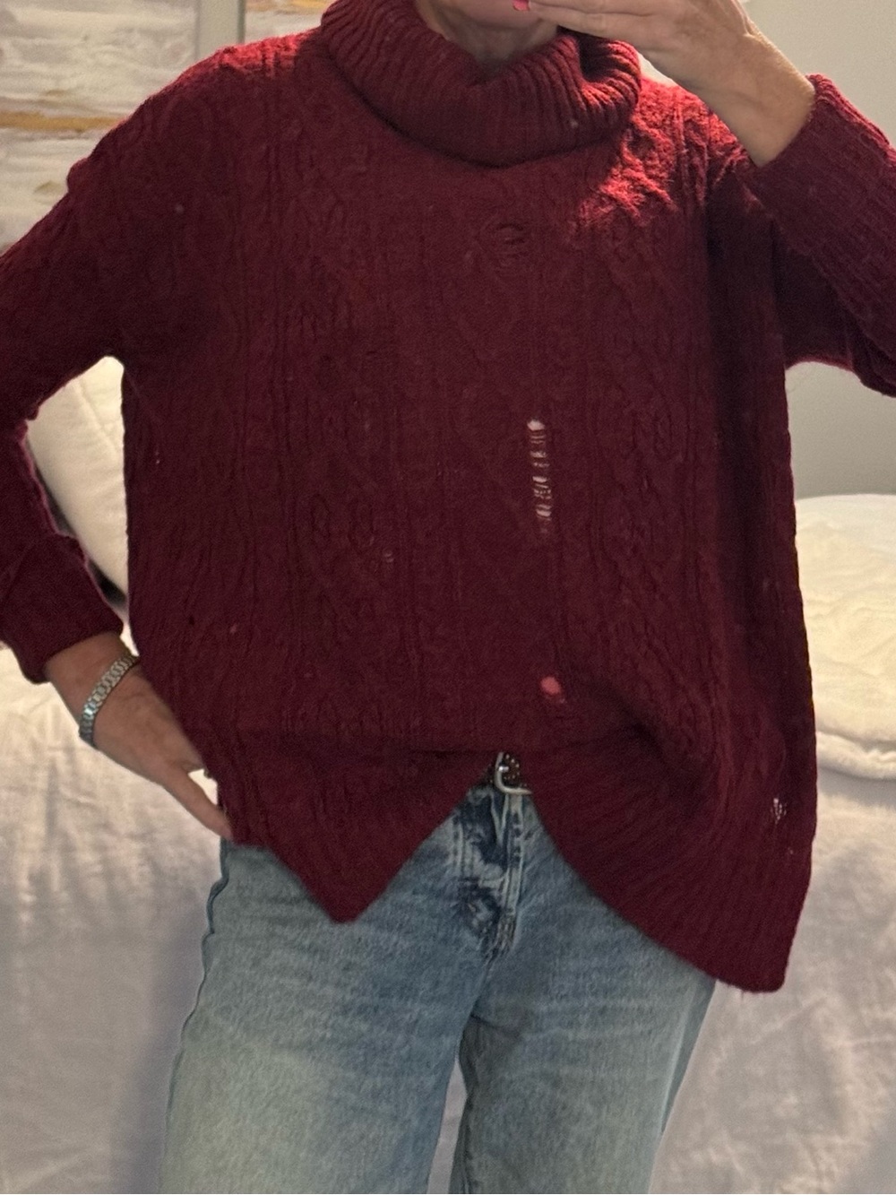 Free People Burgundy Distressed Cable Knit Turtleneck Sweater